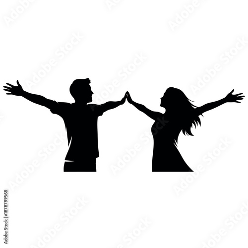 Silhouetted couple celebrating success together with hands up in joyful unity, Couple in conflict with hands up in defensive positions Silhouette vector
