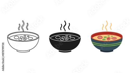 Three bowls of steaming hot soup with various ingredients and colorful designs on a white background