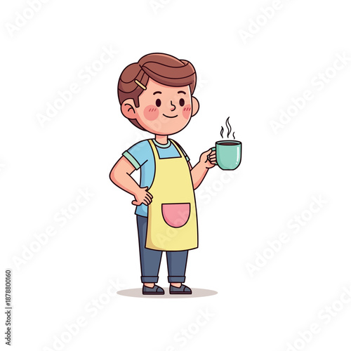 A young boy in an apron happily holds a steaming cup of coffee indoors.
