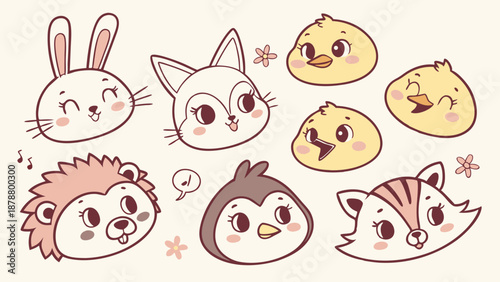Cute Kawaii Baby Animal Faces for Kids Education Design Happy Nursery Decor Vector Illustration