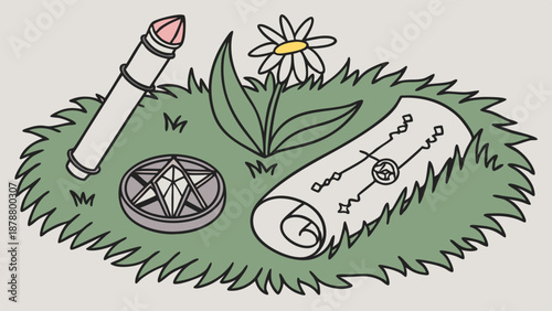 Witchcraft Magic Tools on Grass for Occult Rituals Spells Astrology Divination Design Elements