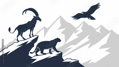Majestic Ibex Snow Leopard Eagle Silhouette on Rugged Mountain Peaks for Adventure Travel Branding