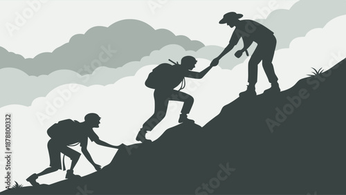 Hikers Climbing Steep Mountain Silhouette Teamwork Support Success Journey Ascent Motivation for Web Design and Leadership Training
