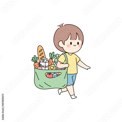 A young boy happily carries a large green bag filled with groceries.
