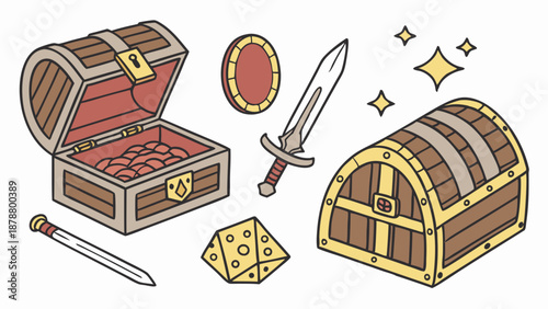 Treasure Chest Loot Icons Sword Coin Dice for Game Design Adventure RPG Web Assets Fantasy Quest Rewards