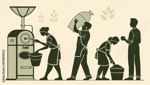 Coffee Roasting Production Line Workers Handling Beans for Food Industry Packaging and Quality Control