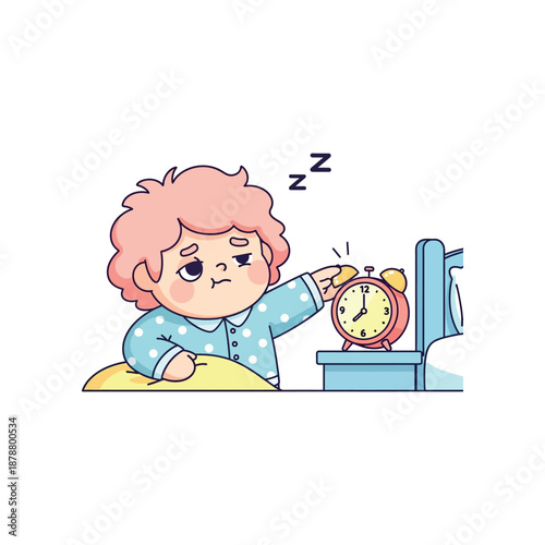 Woman waking up late, turning off alarm clock, lying in bed, morning frustration, cartoon illustration, bedroom scene, side view