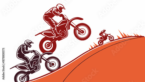 Dynamic Motocross Riders Ascending Steep Orange Dirt Hillside Extreme Sports Progression for Adventure Racing Web Design