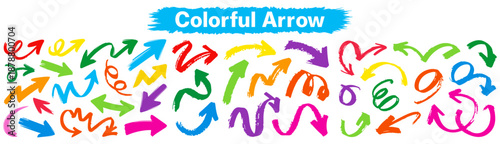 Colorful hand drawn arrow icon set - vibrant doodle sketch collection of curved pointers directional symbols and brush stroke navigation elements isolated on white background