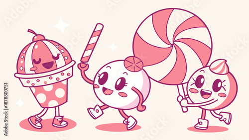 Cute Kawaii Candy Characters Parade with Lollipop for Dessert Shop Promotion Fun Food Design