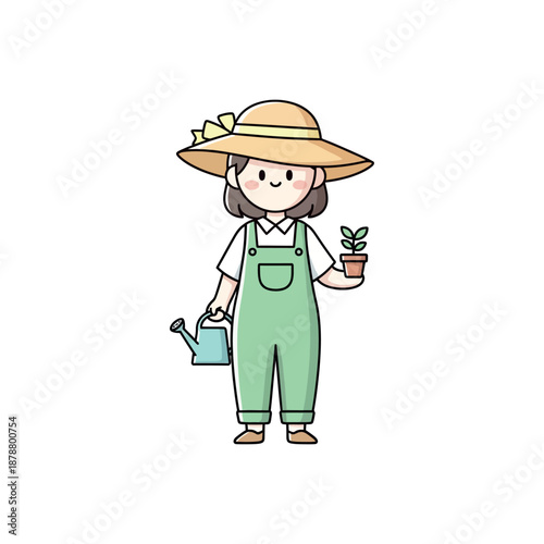 A woman in a hat holds a plant and watering can outdoors.