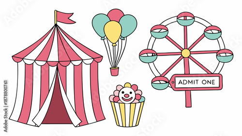 Carnival Fun Fair Icons Set Circus Tent Ferris Wheel Clown Balloons for Summer Event Promotion Website Design