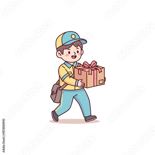 Delivery man in uniform carrying a gift box and bag walking quickly outside