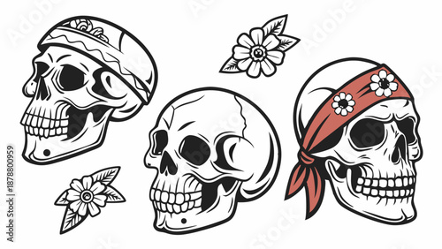 Tattoo Flash Skulls with Bandanas and Flowers for Apparel Design Biker Rocker Graphic Print