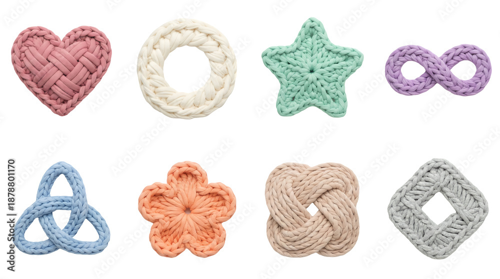 custom made wallpaper toronto digitalChunky knit textile shapes set including heart, star, infinity, and celtic knot designs. Handmade crochet and woven craft collection for hobby and decor.