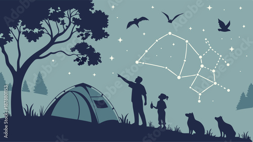 Family Camping Night Stargazing Outdoors Discovering Constellations for Astronomy Education and Wilderness Adventure Travel