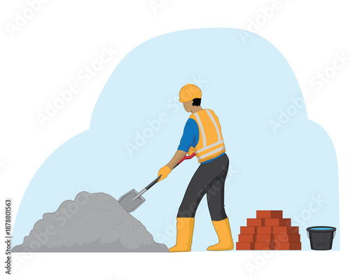 Vector illustration design of a male construction worker seen mixing cement and sand mixture manually using a shovel and beside him there is a bucket filled with water and several red bricks