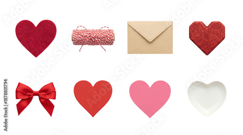 Valentine's day craft set including hearts, ribbon bow, envelope, twine, and ceramic dish isolated. Romantic gift and celebration elements collection.