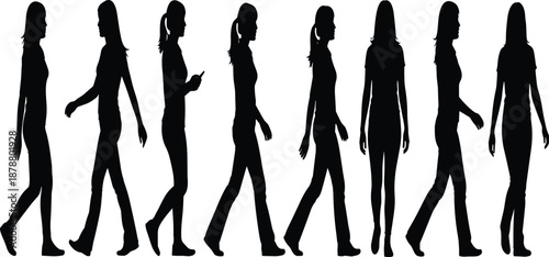 Collection of Diverse Woman Silhouettes Walking in Different Poses and Fashionable Outfits Isolated on White Background for Street Style Lifestyle and Movement Design