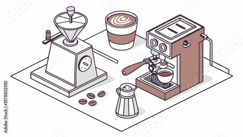 Isometric Coffee Shop Setup Espresso Machine Grinder Beans for Cafe Menu Design or Barista Training Illustration