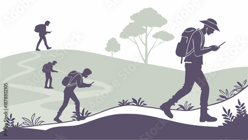 Hikers with Backpacks Staring at Smartphones Navigating Outdoor Trails for Travel App Promotion or Digital Detox Warning