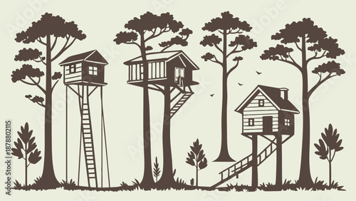 Rustic Treehouse Village Illustration Perfect for Childhood Adventure Camping Retreat or Unique Vacation Rental Web Design Promotion