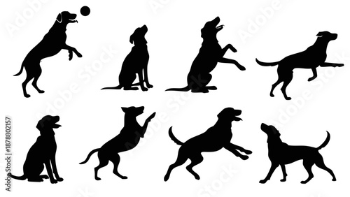 Dog Silhouette Set Action Poses Jumping Sitting Playing Fetch Dynamic Canine Behavior Icons for Pet Websites Training Guides