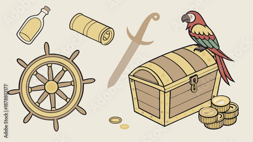 Pirate Treasure Chest Map Ship Wheel Parrot Sword Gold Coins for Adventure Game Design or Vacation Promotion