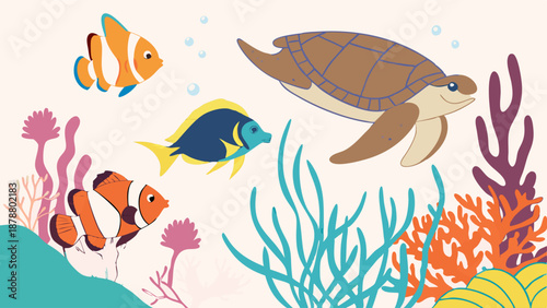 Vibrant Underwater Scene with Sea Turtle and Tropical Clownfish for Children's Book Illustration Web Design Summer Education Material