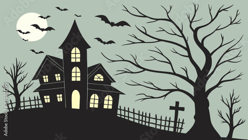 Spooky Haunted House Silhouette on Hill with Full Moon Bats and Graveyard Fence for Halloween Party Invitations and Seasonal Web Design Backgrounds