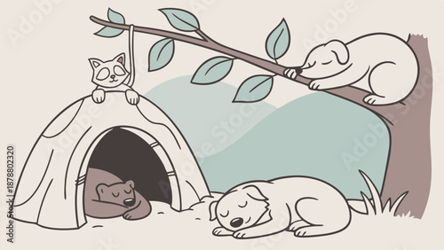 Peaceful Animals Sleeping Outdoors Cozy Forest Scene for Children's Book Illustration or Pet Care Website Banner