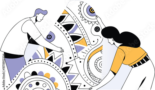 A man and woman work together to assemble a large, intricate piece of creative design art isolated on transparent background, Vector