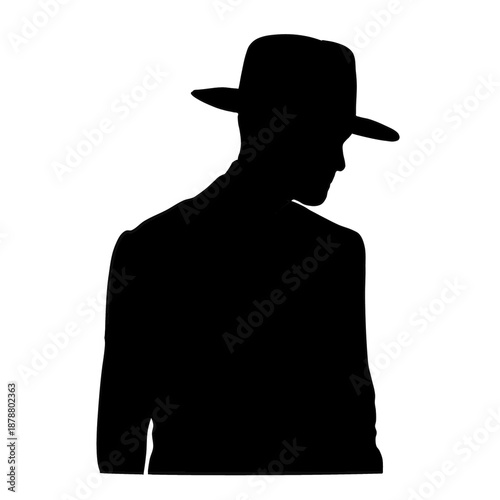 A silhouette of a man wearing a fedora hat and a suit jacket. 