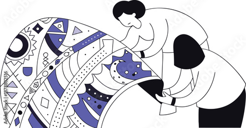 Collaborative work: two individuals putting together an intricate design or creative project isolated on transparent background, Vector