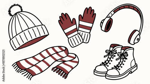 Cozy Winter Accessories Set for Cold Weather Outdoor Activities Seasonal Web Design Graphics for Family Fun and Travel Promotion