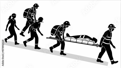 Emergency Rescue Team Carrying Injured Person on Stretcher Uphill for First Aid and Medical Evacuation Service Design