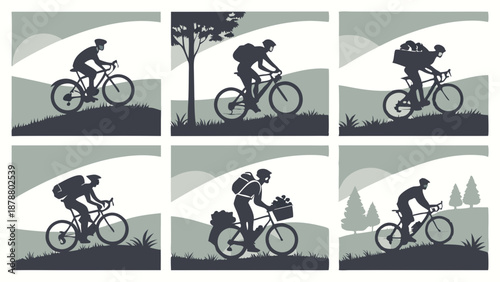 Cyclist Silhouettes Climbing Hills Touring Biking Adventure Travel for Outdoor Sports Web Design and Fitness Promotion