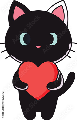 cute black cat holding heart cartoon love illustration