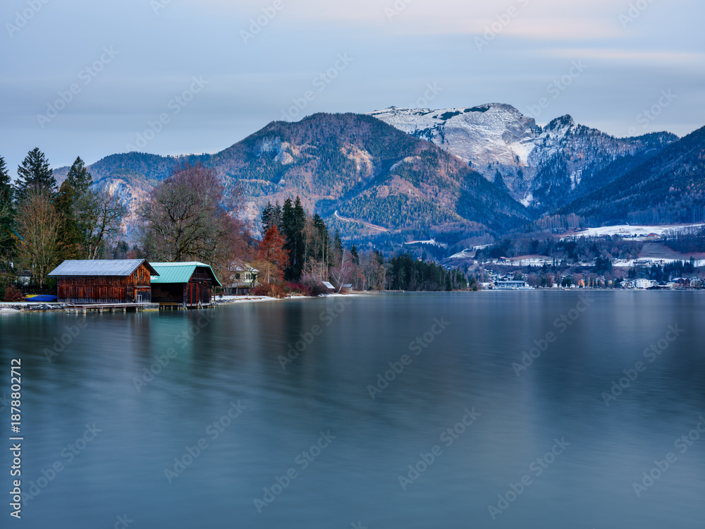 Fototapeta premium Long Exposure of Boathouses and St Wolfgang Village in Winter
