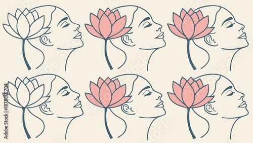 Serene Woman Profile with Evolving Pink Lotus Flower Line Art for Wellness Spa Beauty Self Care Branding Design