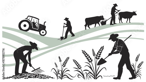 Diverse Farmers Working Fields with Tractor Plowing Harvesting Crops for Sustainable Agriculture Website Design or Rural Industry Brochures