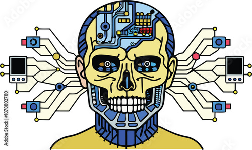 A futuristic illustration of a human skull merging with advanced technology and artificial intelligence isolated on transparent background, Vector
