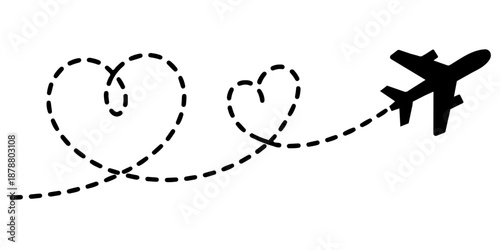 airplane flying with heart shaped dashed line path silhouette - romantic travel concept for honeymoon vacation trip wedding and love flight symbol isolated on white background