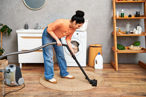 Foto Young woman engaged in spring cleaning in her stylish modern apartment