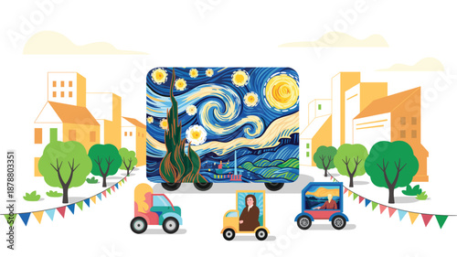 A colorful vector illustration of a truck with a Starry Night design driving through a city street with small vehicles and festive decorations.