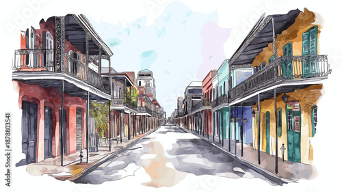 Bourbon Street. Bourbon Street hand drawn watercolor illustration