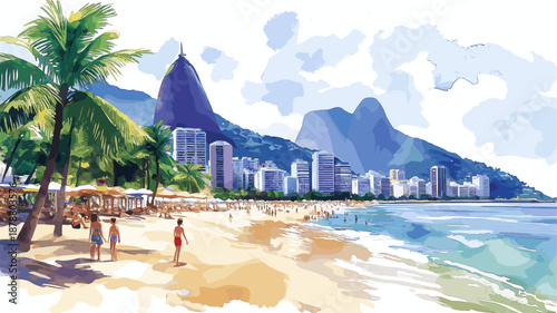 Ipanema Beach. Ipanema Beach hand drawn watercolor illustration
