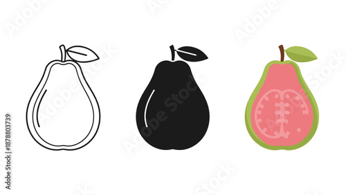 Three pears illustrated in different styles outline solid and colorful on white background with varying