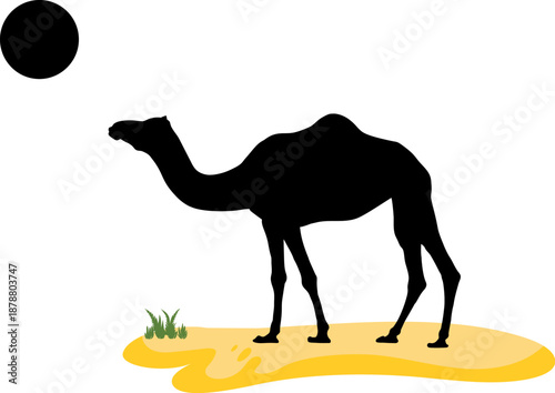 ICONS Black silhouette of a camel standing in the desert under a hot sun simple vector illustration for travel and nature concepts