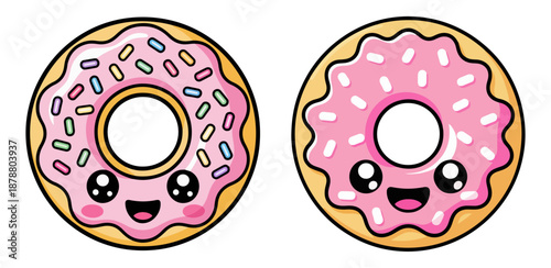 Donut Vector Cartoon Characters Set on white background, Delicious Sweet Donuts Kawaii Cartoon Character.